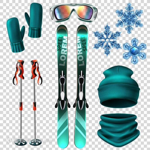 浅蓝色逼真的滑雪冬季图标雪花体育活动设备矢量插图滑雪冬季图标